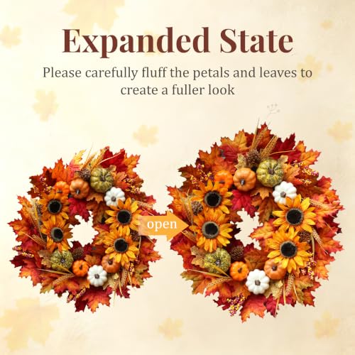 24 Inch Fall Sunflower Wreath with Pumpkins and Maple Leaves for Front Door