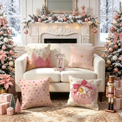 20x20 Inch Christmas Wreath Pillow Covers Set of 4 - Pink Holiday Decor