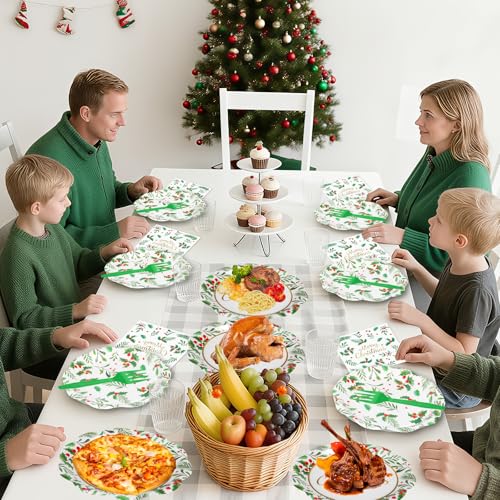 Christmas 96-Piece Disposable Tableware Set with Plates Napkins Forks - Holly Leaves Red Berries, Party Supplies, Variation: Christmas-96p