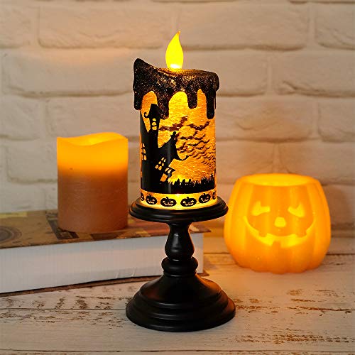 DRomance Halloween Flameless Candle Snow Globe Battery Operated with 6 Hour Timer, Yellow Light Bat Decal Water Tornado Lamp LED Candlestick Halloween Season Decor Gift 4 x 10 Inches