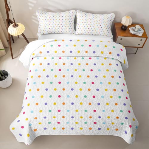 Colorful Full Size Polka Dot Quilt Bedspread Set - 3 Pieces, Rainbow Geometric Bedding