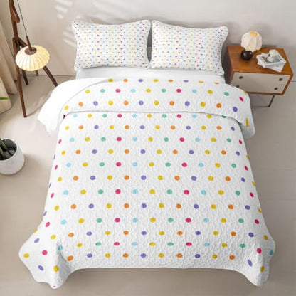 Colorful Full Size Polka Dot Quilt Bedspread Set - 3 Pieces, Rainbow Geometric Bedding