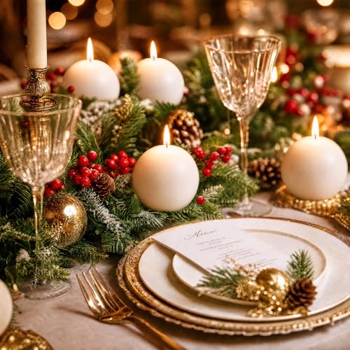 White Christmas Ball Candles 4pcs - Round Wax Table Decor