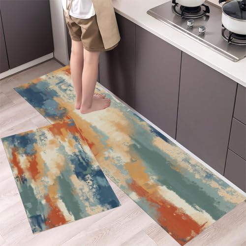 Rust Orange Mottled Washed Color Block Kitchen Rugs Set - Non-Slip, Washable, 2-Piece