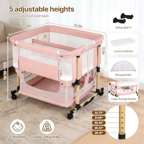 Pink Twin Bassinet for 2 Babies - Portable Rocking Bedside Crib for Twins
