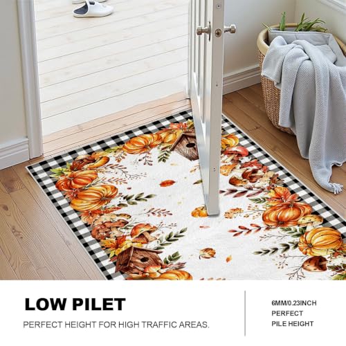 Orange and White Buffalo Plaid Fall Harvest Kitchen Runner Rug 2x6ft - Rustic Leaf Design