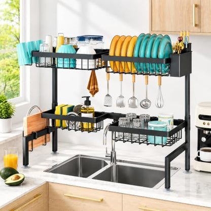 NestOrganix Over The Sink Dish Drying Rack - Expandable 2-Tier Black Kitchen Organizer - Variation 1