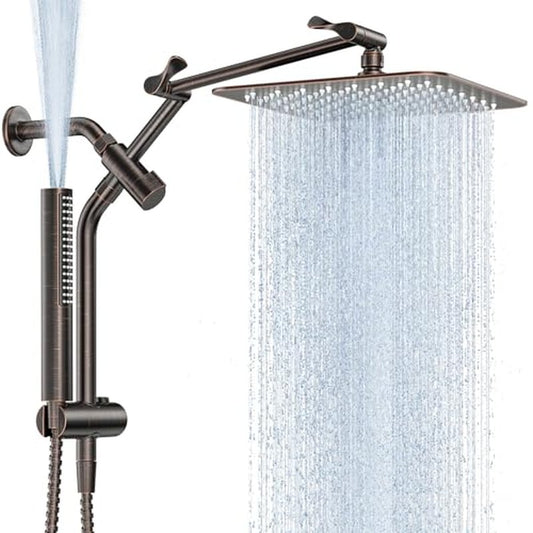 Veken All Metal 10" Brushed Gold Shower Head with Handheld, Luxurious Square Double Rain Shower Heads with Spray Combo, Dual High Pressure Detachable Rainfall Showerhead with Extension Arm, Long Hose