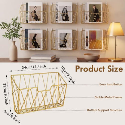 Gold Wall Mounted Magazine Rack - Metal Wall Organizer for Living Room, Office, Vanity