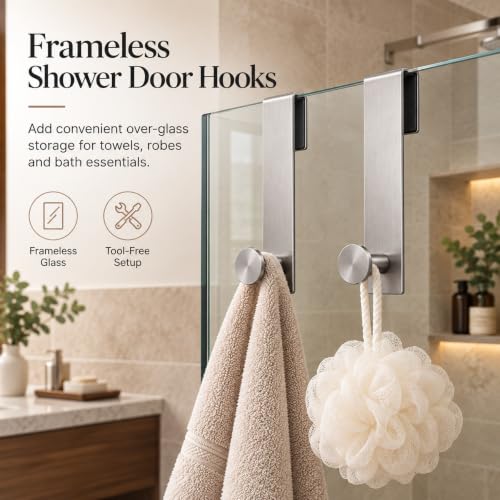 7.5 Inch Frameless Glass Shower Door Hooks Set of 2 Brushed Nickel - Adjustable Towel & Robe Hangers