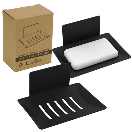 2 Pack Soap Holder for Shower Wall, 5 Slot Self-Adhesive Soap Dish for Shower, Wall Mounted Shower Soap Holder Dishes for Bathroom, Stainless Steel Soap Tray Black