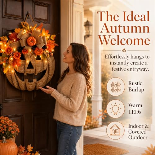 Lighted Burlap Pumpkin Wreath for Front Door - 14 Inch Halloween Fall Decor with Warm LED Lights - Rustic Autumn Wreath with Leaves, Pinecones, and Flowers - Variation of THIS listing