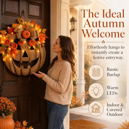 Lighted Burlap Pumpkin Wreath for Front Door - 14 Inch Halloween Fall Decor with Warm LED Lights - Rustic Autumn Wreath with Leaves, Pinecones, and Flowers - Variation of THIS listing