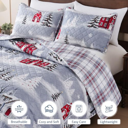 AtawLege 3-Piece Christmas Quilts King Size Grey Tree Bedding Set
