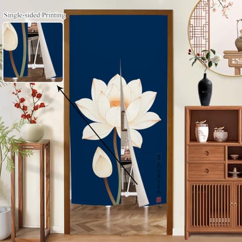 Japanese Noren Doorway Curtain - Lotus Print, Navy Blue/Blue White, 33.5x59 in - Variation: Blue White