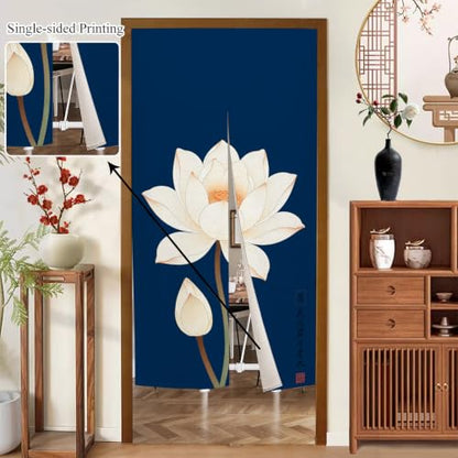 Japanese Noren Doorway Curtain - Lotus Print, Navy Blue/Blue White, 33.5x59 in - Variation: Blue White