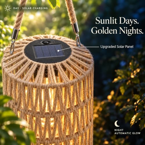 Cooo 2 Pack Large Solar Rope Lanterns for Outdoor Gardens - Natural Plant Fiber, Handwoven, 8.27 Inch