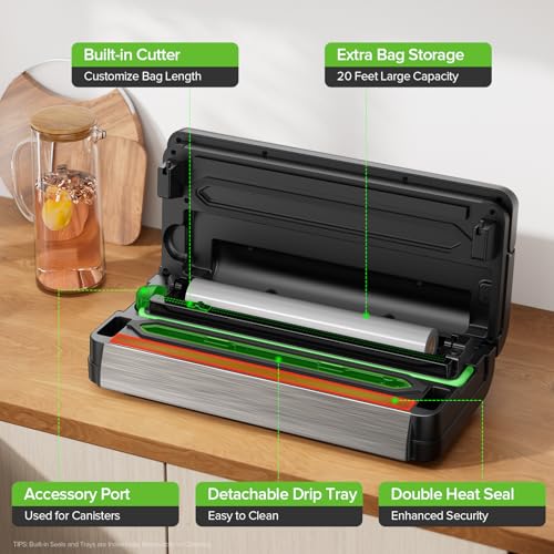 Vacuum Sealer for Food - Black Chrome, 130W Automatic Food Saver with Touch Display