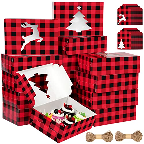 Christmas Cupcake Boxes with Windows - Red and Black Plaid, 10x6.3x3 Inches, Pack of 30