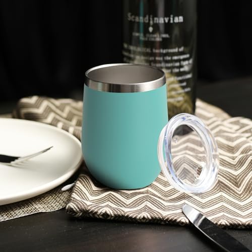 12oz Stainless Steel Wine Tumblers Set with Lids - Light Blue, Personalized Insulated Travel Cups, Bulk Pack of 12