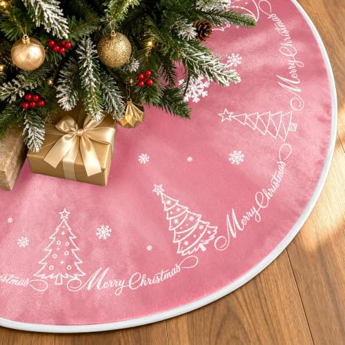 Pink Velvet Christmas Tree Skirt 48 Inch Snowflake Embroidery Holiday Decor - Variation of Tree Pink / 48 inch