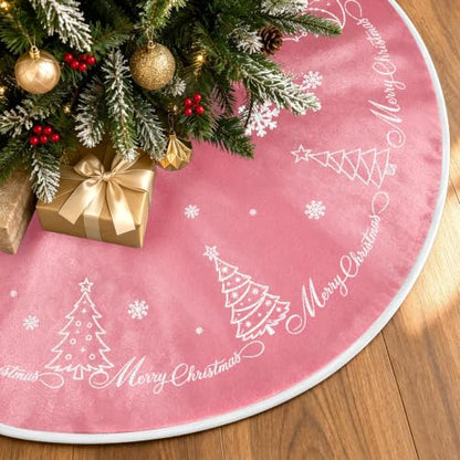 Pink Velvet Christmas Tree Skirt 48 Inch Snowflake Embroidery Holiday Decor - Variation of Tree Pink / 48 inch