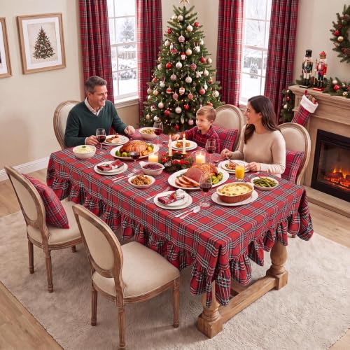 Christmas Ruffle Plaid Rectangular Tablecloth - Red, 60 x 84 Inches - Softalker