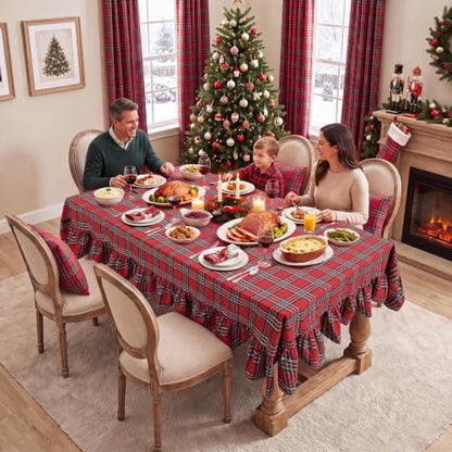 Christmas Ruffle Plaid Rectangular Tablecloth - Red, 60 x 84 Inches - Softalker