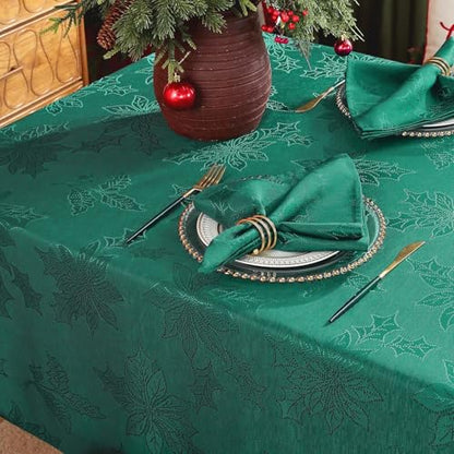 Christmas Green Poinsettia Tablecloth 60 x 120 Inch Rectangular Jacquard Polyester