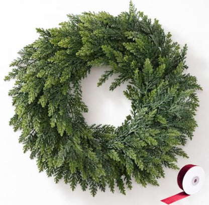 Green 26-Inch Christmas Cedar Wreath for Front Door Indoor Outdoor Decor - Real Touch Handmade Full Faux Greenery Set