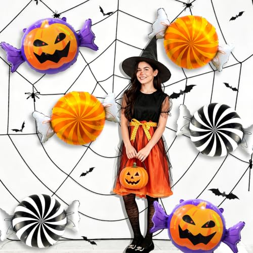 Halloween Candy Balloons Kit - 6pcs Pumpkin & Black Orange Balloons for Party Decoration - Candy Variation