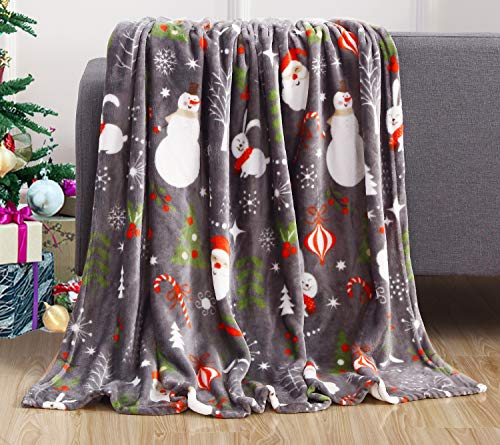 Elegant Comfort Velvet Touch Holiday Fleece Throw Blanket 50 x 60 Inches Santa Snowman Gray