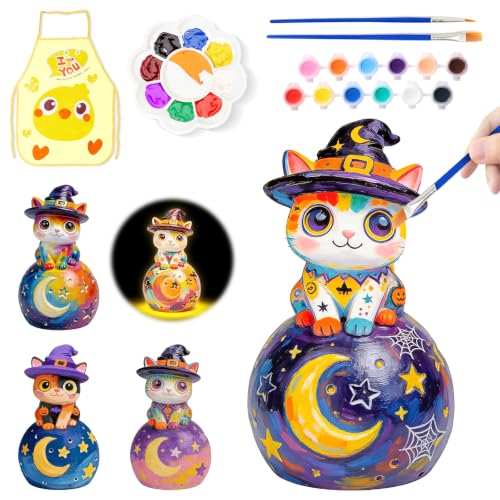 Wizard Cat Night Light Kit - Halloween Craft for Kids, Paint Your Own Witch Black Cat