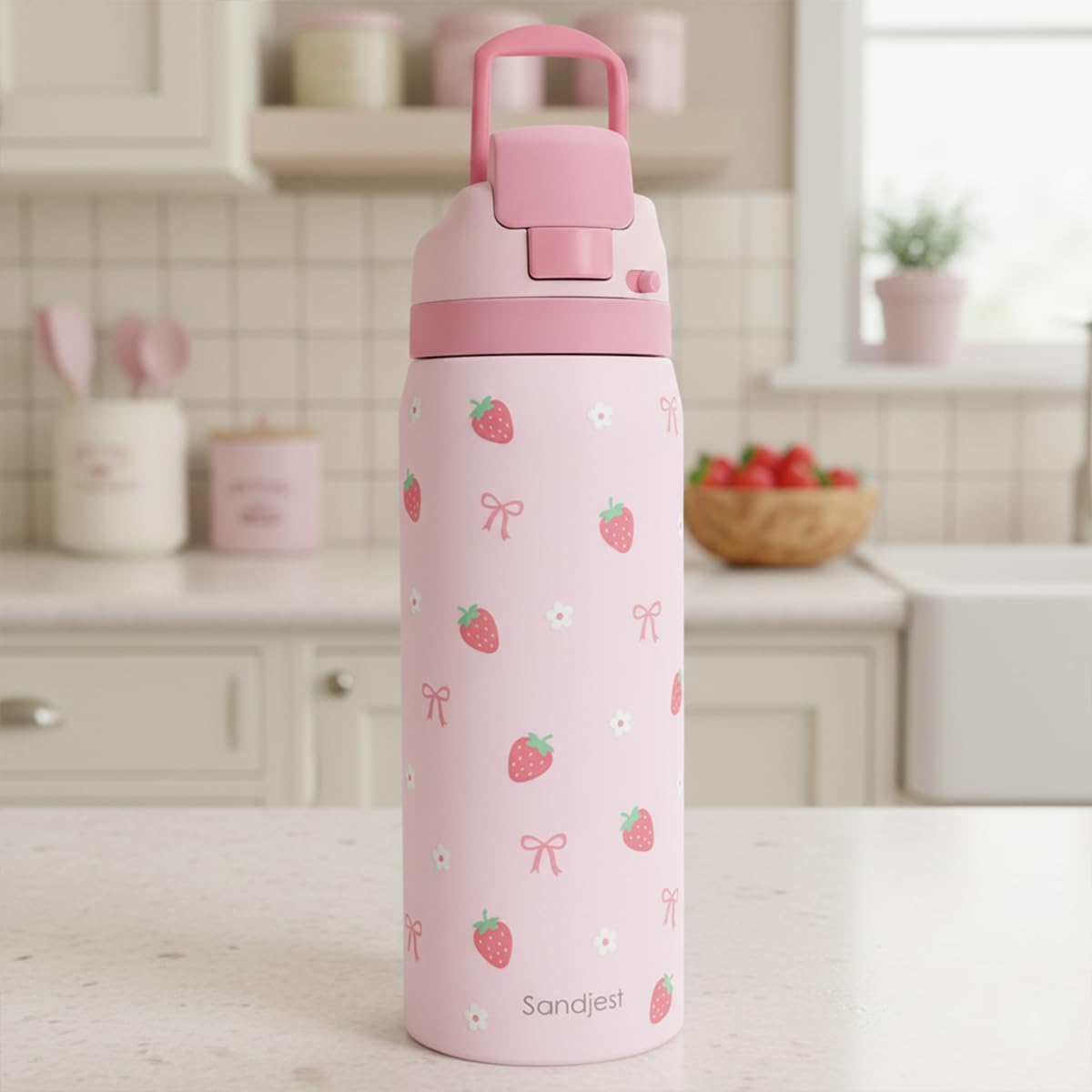 Skiennix Insulated Stainless Steel Water Bottle - 32oz | Strawberry Design for Sports & Travel, Perfect Gift for Women & Teens