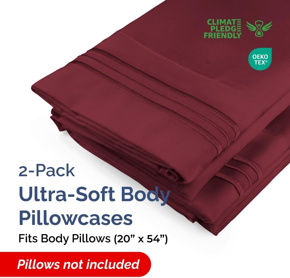 Skiennix Body Pillowcases Set of 2 | 20x54 Long Soft Covers for Side Sleepers - Comfy, Wrinkle-Free, Machine Washable - Burgundy