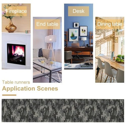 Grey Black Camouflage Table Runner 13x72in Linen Decor for Indoor Outdoor Dining