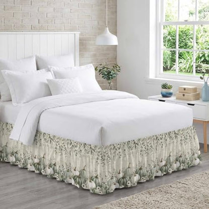 Fall Green Pumpkins Bed Skirt King Size 16 Inch Drop Beige Elastic Dust Ruffle