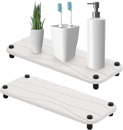 Skiennix 2pc Stone Drying Tray - Diatomite Sink Caddy & Organizer - Water Absorbing Bathroom Mat (White)