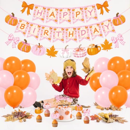 Fall Birthday Party Decorations Set Pink Pumpkin Maple Leaves Thanksgiving Indoor Home