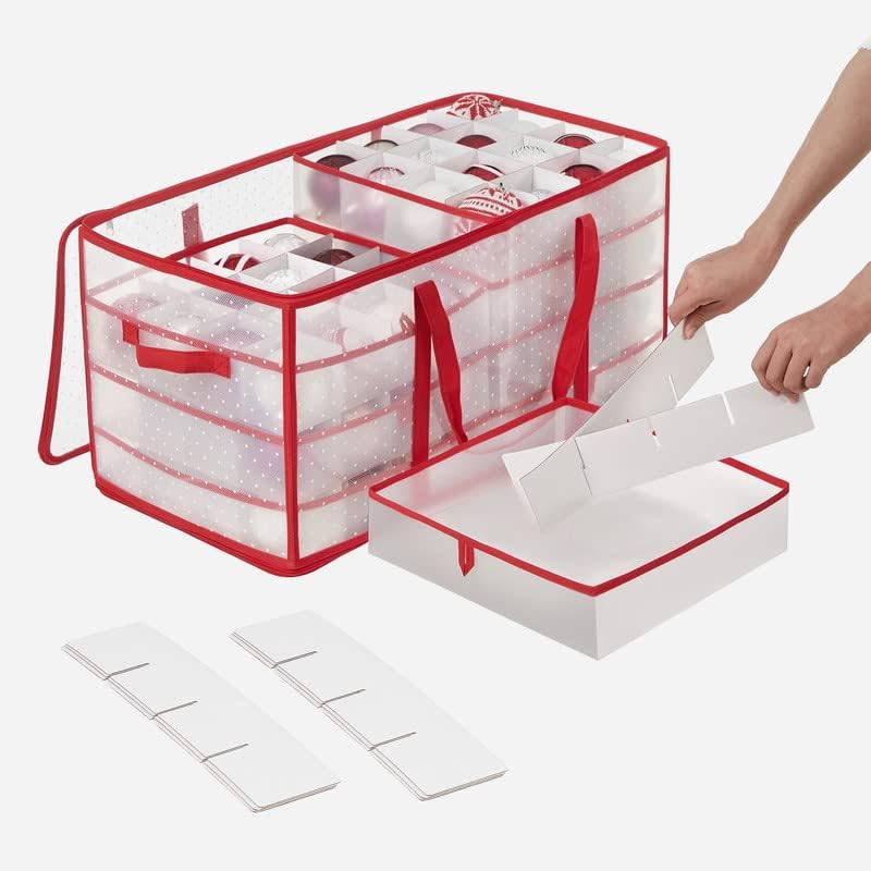 SONGMICS Christmas Ornament Storage Box - Holds 128 3-Inch Balls | 8 Trays, Dual Zippers, Cherry Red
