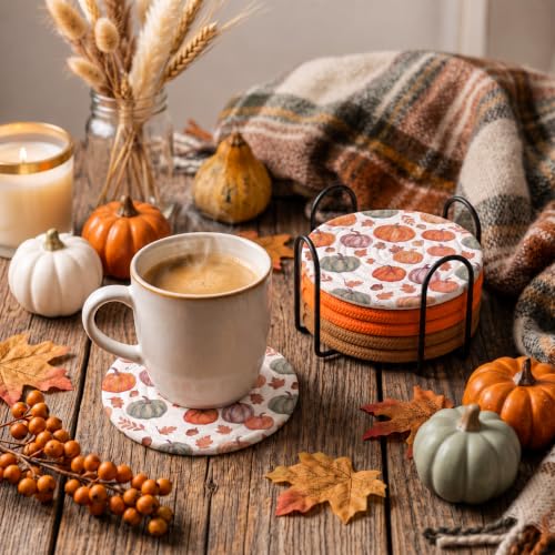 Fall Pumpkin Coaster Set with Metal Holder - 8 Woven Cotton Drink Coasters, Autumn Decor
