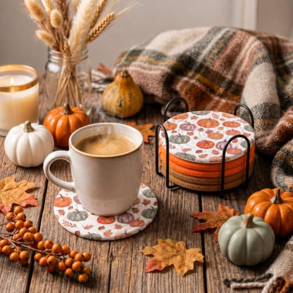 Fall Pumpkin Coaster Set with Metal Holder - 8 Woven Cotton Drink Coasters, Autumn Decor