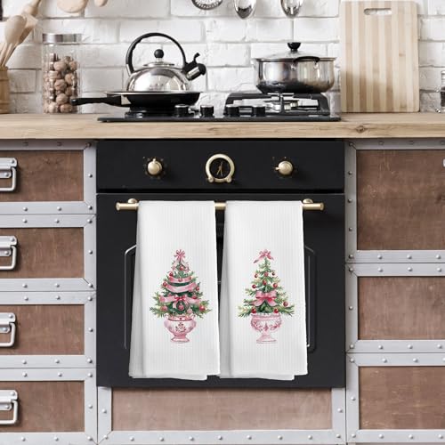 Christmas Chinoiserie-4 Kitchen Towels Set of 2 - Pink Xmas Tree Holiday Dishcloths 16x24 Inches