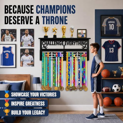 Black Medal Hanger Display & Trophy Shelf, 16 Inch, 4 Rows, Holds 60+ Medals