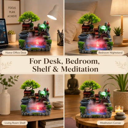 Indoor Tabletop Fountain with LED Lights, Mist, and Rockery Decor