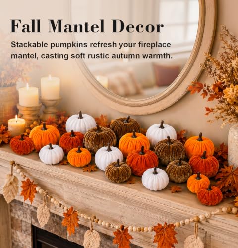 Fall Pumpkin Decor Set - 20 Velvet Artificial Pumpkins for Autumn Home Decorations