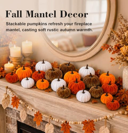 Fall Pumpkin Decor Set - 20 Velvet Artificial Pumpkins for Autumn Home Decorations