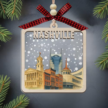Wooden Christmas Ornament with Skyline and Snow Scene - Holiday Decor