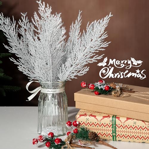 Artificial Pine Branches with Silver Glitter - 25 Pcs 13.5" Christmas Wreath Decor