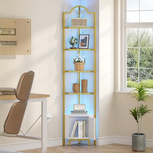 Corner Cabinet with LED Light and Glass Shelves for Living Room